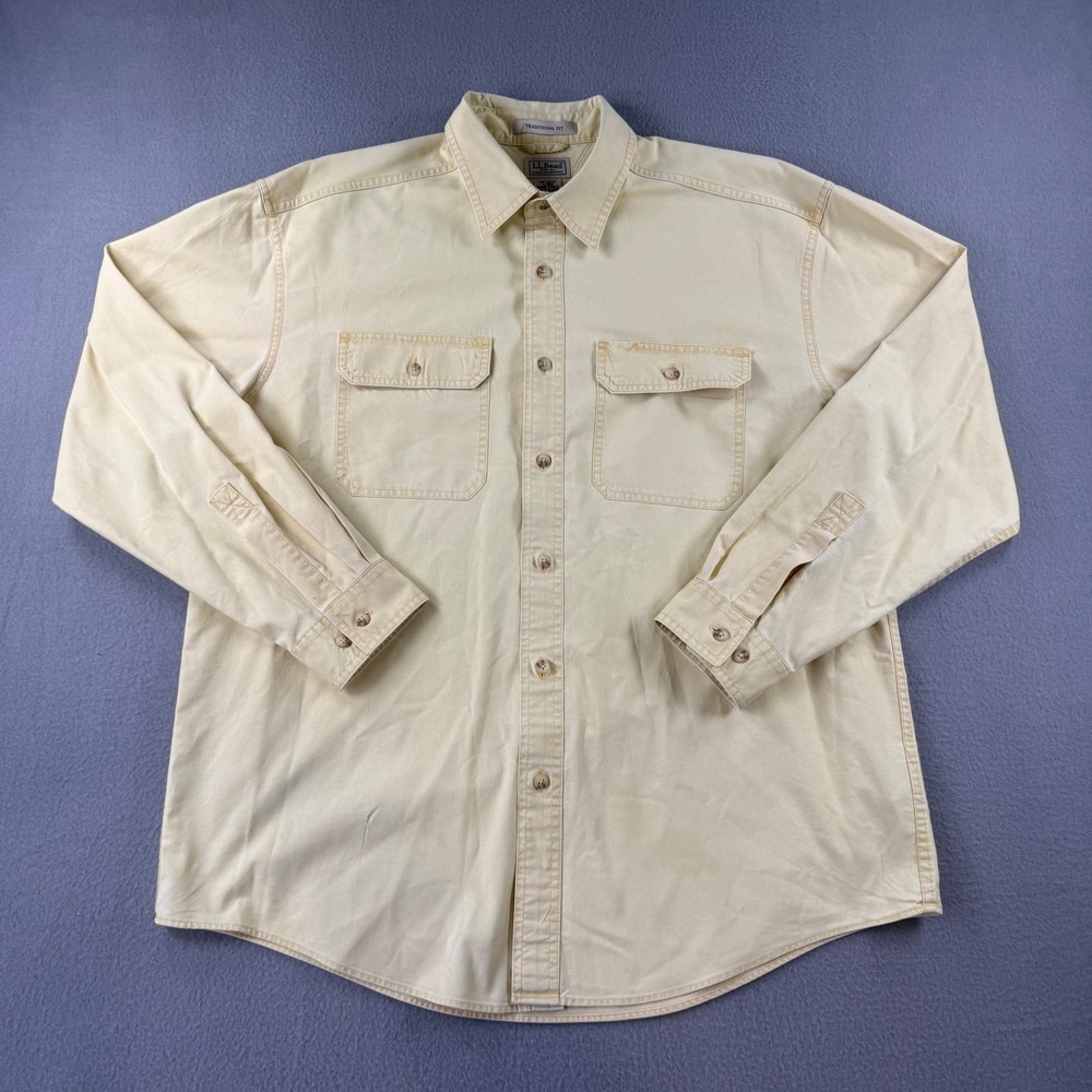 LL Bean Sunwashed Canvas Light Yellow Men L Button Up Work Shirt Traditional Fit